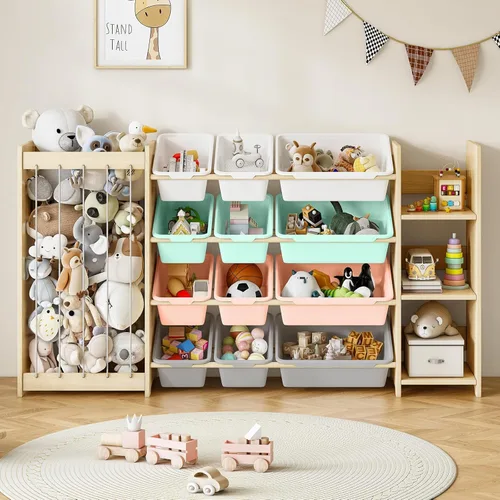 Miniatura 10 de EXPERLAM Organizador de almacenamiento de juguetes 3 en 1, soporte para animales de peluche y estantería de 3 niveles, organizador de juguetes