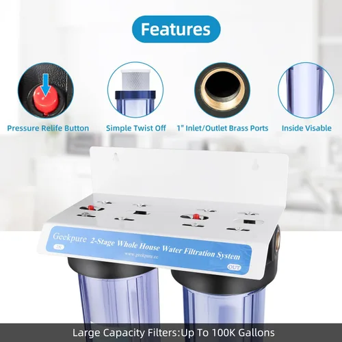 Miniatura 2 de Geekpure Sistema de filtro de agua de 2 etapas para toda la casa con carcasa transparente grande de 10 pulgadas PP y filtros de carbono, 1 pulgada