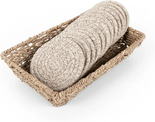 Miniatura 10 de 12 piezas de posavasos tejidos a mano para bebidas, juego de posavasos absorbentes y aislantes de algodón con soporte de cesta de esparto, boho