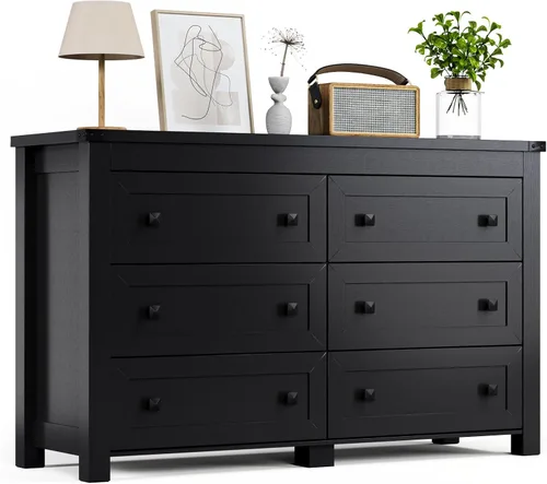 HUANLEGO Cómoda negra para dormitorio con 6 cajones, cómoda moderna, cómoda de madera, muebles de dormitorio, amplio organizador de almacenamiento,