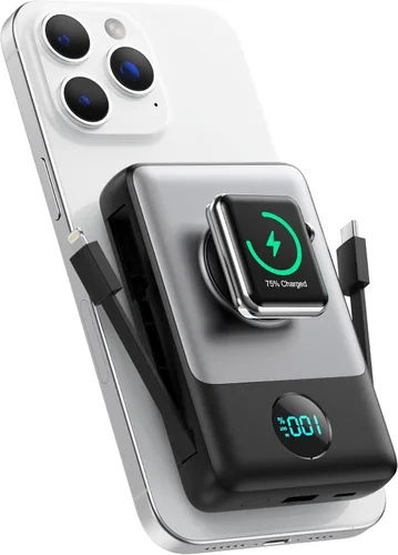 Cargador portátil magnético de 10800 mAh para iPhone con cables integrados, cargador de batería inalámbrico 6 en 1 con cargador iWatch, pantalla LCD