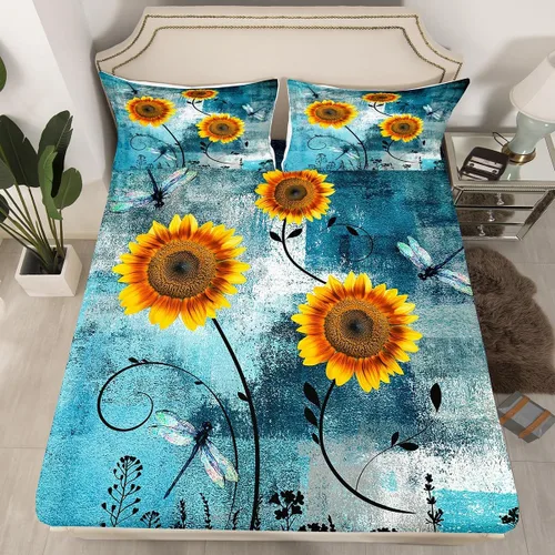 Miniatura 14 de Erosebridal Juego de ropa de cama rústica de tamaño individual, diseño de mariposa y girasol, para niños, adolescentes, adultos, retro, grunge