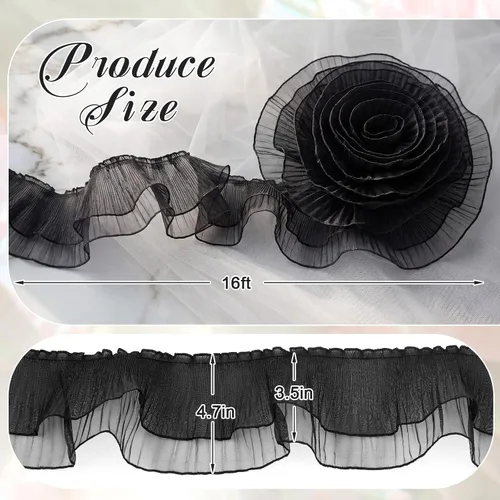 Miniatura 2 de Ganeen Cinta iridiscente plisada con volantes de 16 yardas, color negro, doble capa de medusas, organza con volantes, tela de encaje de tul retro