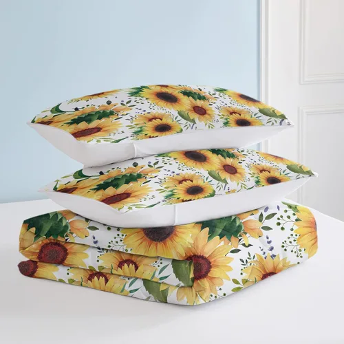 Miniatura 4 de Juego de edredón suave de lujo con diseño floral de girasol y hojas verdes, 1 edredón y 2 fundas de almohada