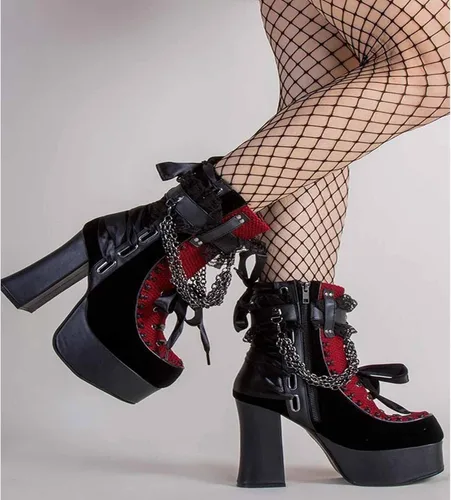 Miniatura 7 de MSYINGL Botas de plataforma para mujer, botas de tobillo gruesas con cremallera lateral, con cadena y corbatín, botas góticas punk de moda