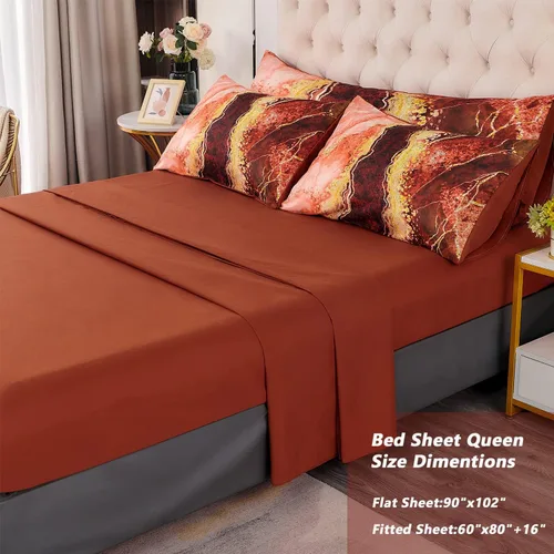 Miniatura 5 de PERFEMET Juego de edredón de 6 piezas, tamaño Queen, ropa de cama con estampado de mármol acuarela naranja con edredón y sábanas, estilo estético
