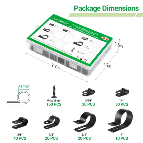 Miniatura 7 de Clips de cable para organizador de cables, 6 tamaños, 300 piezas, nailon tipo R, 3/16 pulgadas, 1/4 pulgadas, 3/8 pulgadas, 1/2 pulgadas, 3/4