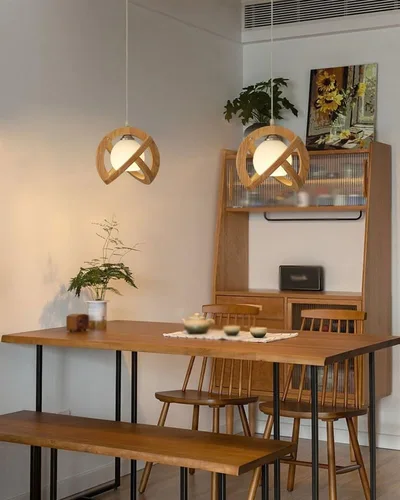 Miniatura 3 de Lámpara colgante de madera estilo rústico retro con globo de vidrio blanco, lámpara colgante Celing para cocina, isla, comedor, dormitorio, pasillo