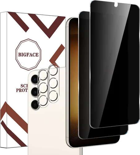 BIGFACE Protector de pantalla de vidrio templado con privacidad para Galaxy S23 + protector de lente de cámara [2 + 2 unidades] [antiarañazos]