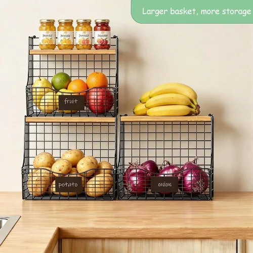Miniatura 3 de Paquete de 3 cestas de frutas para cocina con tapa de madera - Almacenamiento de cebollas y papas montado en mostrador y pared con placa