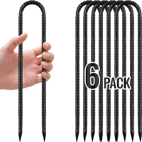 Estacas de barra de refuerzo de 12 pulgadas, estacas de suelo con gancho en U, paquete de 6 anclajes negros para tienda de campaña resistentes para