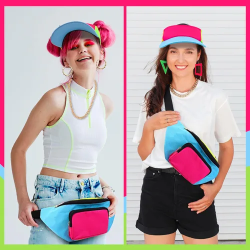 Miniatura 5 de YAROMO Disfraz de hip hop para mujer, traje de los años 80 y 90, riñonera de neón, gorro, bolsa de cintura ajustable, pulsera, aretes para fiesta