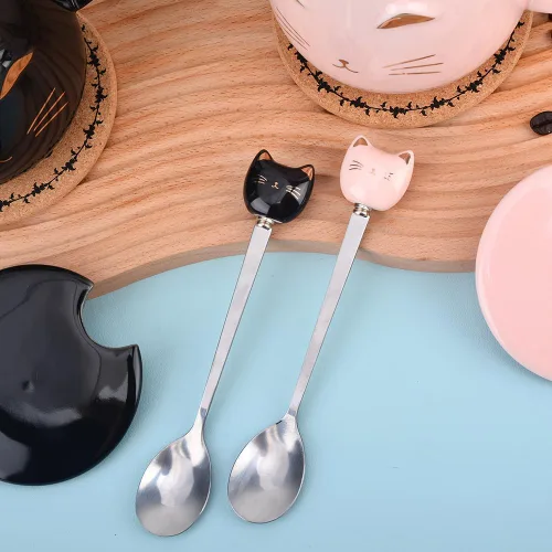 Miniatura 6 de Taza de café de cerámica rosa con diseño de gato lindo hecho a mano con cuchara de acero inoxidable, taza de gatito, tazas únicas de chocolate Negro