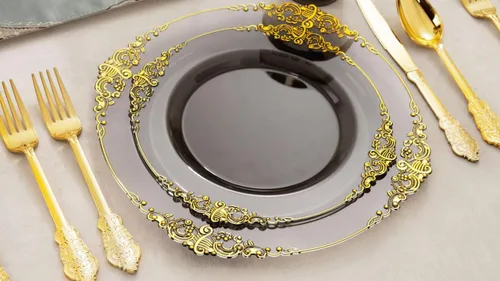 Miniatura 9 de Nervure 175 platos de plástico negro transparente, juego de vajilla de plástico dorado para 25 invitados, incluye 50 platos desechables, 75