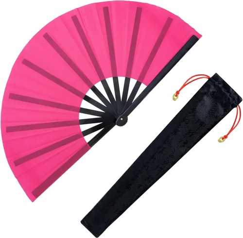 Miniatura 17 de Nydotd Paquete de 1 abanico grande de mano plegables de nailon plegable con funda de soporte para hombres y mujeres, línea de actuación, danza, kung