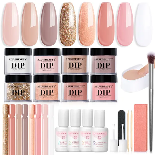 Miniatura 11 de AZUREBEAUTY Kit de uñas en polvo de inmersión, gelatina translúcida blanca lechosa, rosa desnudo, neutro, claro, 8 colores, juego de polvo