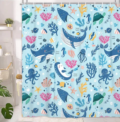 Miniatura 3 de Cortina de ducha náutica para niños, azul bohemio, océano, tiburón, abstracto, dibujos animados, decoración de baño, con cortinas de ducha de tela