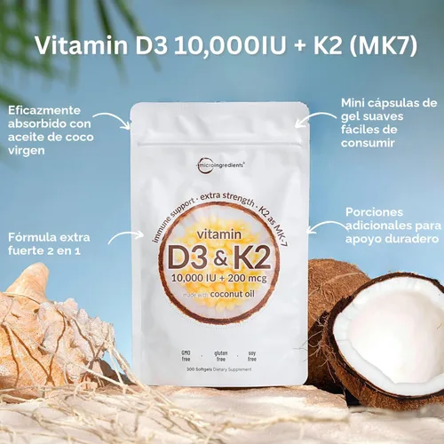 Miniatura 2 de Micro Ingredients Vitamina D3 10,000 UI + K2 MK-7 200 mcg, 300 cápsulas blandas con aceite de coco virgen Complejo vitamínico 2 en 1 de vitaminas