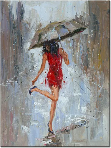 Miniatura 6 de Lienzo de pared con paraguas de niña con vestido caqui caminando en la calle lluvia pintura arte moderno lienzo abstracto obra de arte