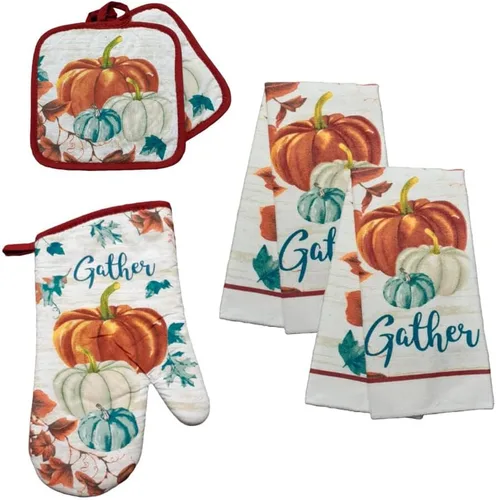 Moderno juego de toallas de cosecha de otoño y Acción de Gracias: toallas, soportes para ollas y guantes de horno, diseño de otoño de calabaza