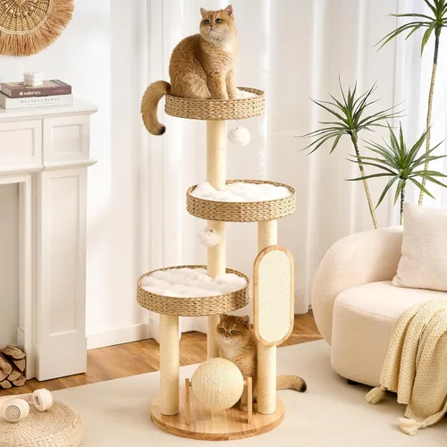 Miniatura 17 de 797Audio Moderno árbol de madera para gatos, árbol estético para gatos de 46 pulgadas con postes rascadores de madera de pino natural y condominio