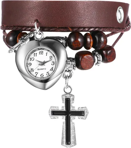 OIDEA Reloj de pulsera de cuero multicapa Reloj de pulsera de cuarzo analógico en forma de corazón vintage con colgante de cruz de cuentas de madera