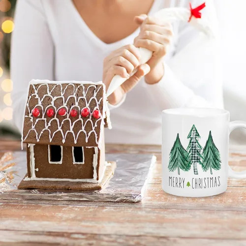 Miniatura 7 de Whaline Juego de 2 tazas de Navidad de 12 onzas con acuarela, a cuadros, árbol de Navidad, camión, taza de café, tazas de cerámica para fiesta