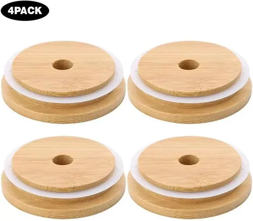 Miniatura 5 de Paquete de 4 tapas de frasco mason de bambú de boca ancha de 86mm con agujero para pajita, tapas de bambú reutilizables a prueba de fugas
