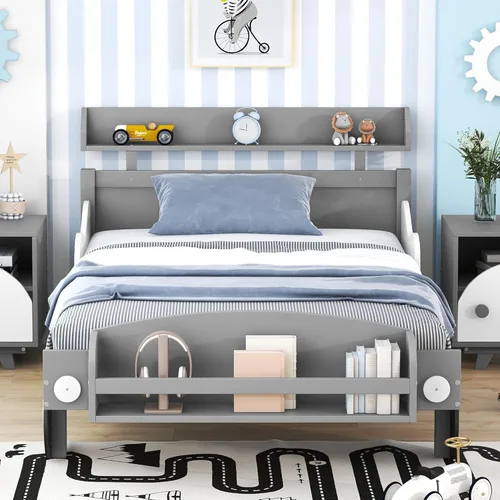 Miniatura 32 de Cama de plataforma de madera de tamaño individual con cabecera en forma de casa, soporte de listones de madera, para dormitorio de niños, niñas