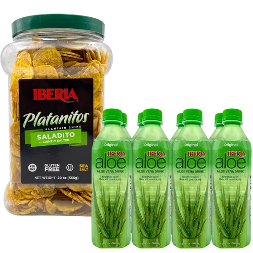 Iberia Chips de plátano ligeramente salados, 20 onzas + bebida de jugo de aloe vera Iberia con pulpa de aloe pura, original, 16.9 onzas líquidas