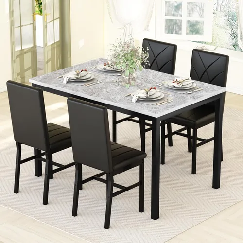 Recaceik Juego de 4 sillas de mesa de comedor para 4, sillas de cocina de mármol sintético con patrón dinámico hacia arriba, mesa de cocina pequeña