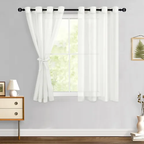 Miniatura 144 de Hiasan - Cortinas traslúcidas de gasa cortas semitransparentes con ojales y alzapaños filtrantes de luz para ventana, dormitorio, baño, 2 paneles