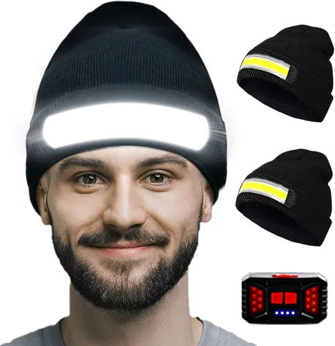 Easymaxx Paquete de 2 Gorros con Linterna Frontal Recargable, 1200 Lúmenes LED Gorro con Luz de Haz Ancho Integrada, 6 Modos, Gorro de Invierno con