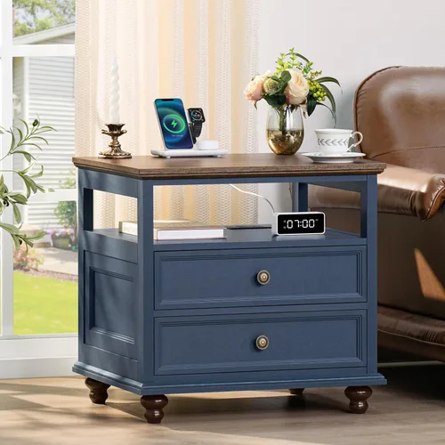 Miniatura 11 de Joaxswe Mesita de noche estilo granja con estación de carga, mesa auxiliar de 61 cm de ancho con 2 cajones, cómoda natural para dormitorio, cómoda