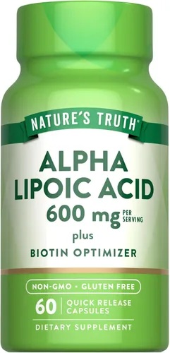 Nature's Truth Ácido alfa lipoico 600 mg | más optimizador de biotina | 60 cápsulas | Suplemento sin OMG y sin gluten