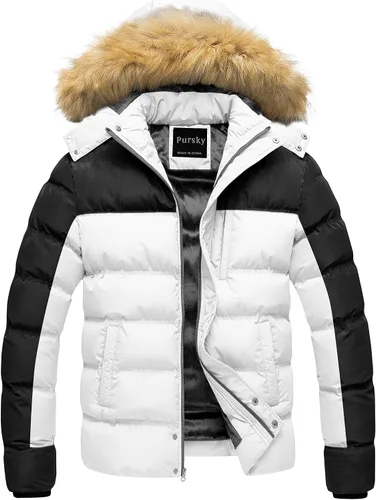Miniatura 12 de Pursky Chaqueta de plumón impermeable para hombre, abrigos de invierno con capucha de piel para esquiar, parka con capucha de piel