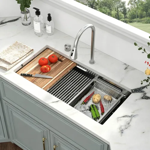 Miniatura 23 de Kichae fregadero de cocina bajo encimera de 32 pulgadas, de un solo tazón, de acero inoxidable, calibre 16, de esquina redonda, hecho a mano
