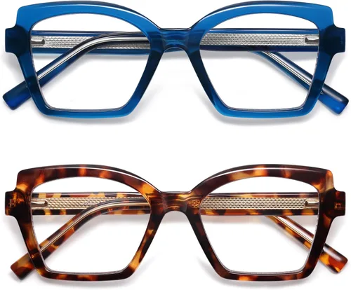 Miniatura 9 de AMOMOMA Paquete de 2 lentes de lectura modernos con diseño de ojo de gato para mujeres y hombres, elegantes lentes cuadrados con bloqueo de luz azul
