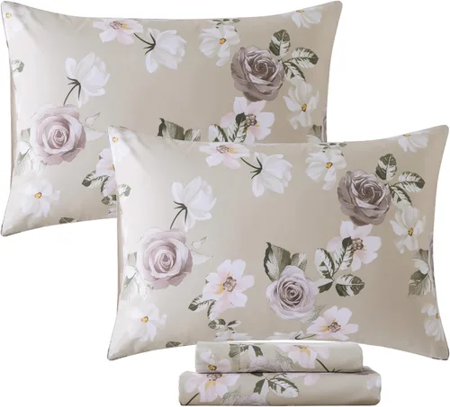 Miniatura 46 de FADFAY Juego de sábanas de cama con estampado floral amarillo, de algodón, tamaño King, suaves, transpirables, estilo Shabby Coquette, con bolsillo