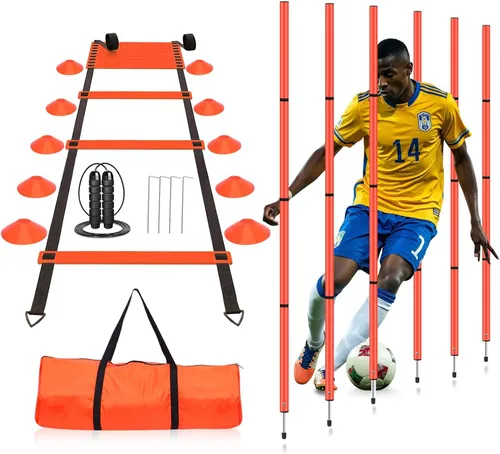 Miniatura 7 de Equipo de entrenamiento de agilidad de fútbol, incluye escalera de agilidad de 20 pies, 6 postes de agilidad ajustables, 10 conos de disco, juego