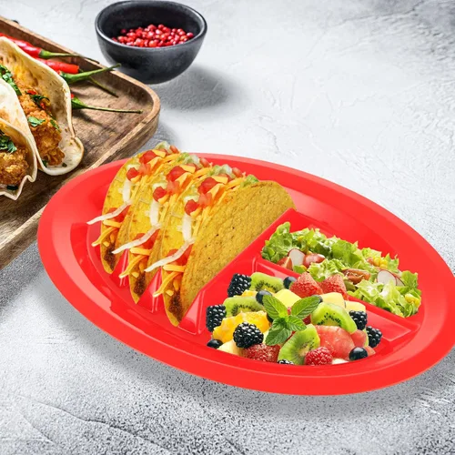 Miniatura 6 de Acrux7 - 12 platos de plástico para tacos para fiestas, platos grandes para tacos con divisores, capacidad para 3 tacos, 2 áreas de inmersión