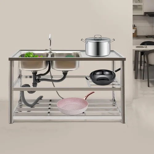 Miniatura 6 de Fregadero de acero inoxidable de doble tazón, juego de fregadero de cocina de restaurante comercial con grifo y escurridor, lavabo de mano con banco
