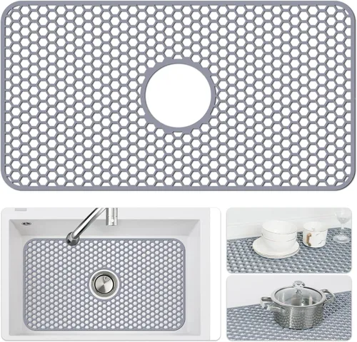 Bestjing Tapete de silicona para fregadero - Protectores para fregadero de cocina con drenaje central, accesorio de rejilla de cocina de 26" x 14",