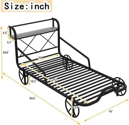 Miniatura 2 de Cama individual para automóvil con 4 ruedas, barandillas, estante de almacenamiento para niños, adolescentes, niños y niñas, marco de cama
