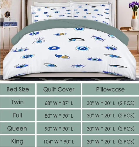 Miniatura 5 de Funda de edredón de 3 piezas con patrón de mal de ojo, tamaño individual de 68 x 87 pulgadas con 2 fundas de almohada, juego de funda de edredón