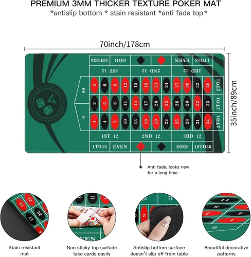 Miniatura 4 de AQQA Tapete de mesa de ruleta de 70 x 35 pulgadas, duradero, resistente al agua, hecho de goma de 0.118 in de grosor, reforzado con costuras Rojo