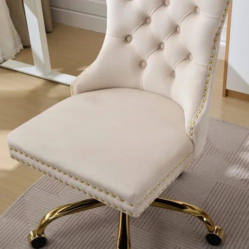 Miniatura 5 de Silla de tocador con respaldo cómodo, silla de oficina en casa con base de metal dorado, sillas modernas tapizadas de terciopelo, sillas de Beige