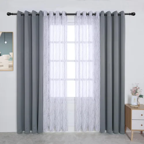 Miniatura 11 de BONZER Cortinas para Mezclar y Combinar - 2 Piezas de Cortinas Transparentes con Estampado de Ramas y 2 Piezas de Cortinas Opacas para Dormitorio