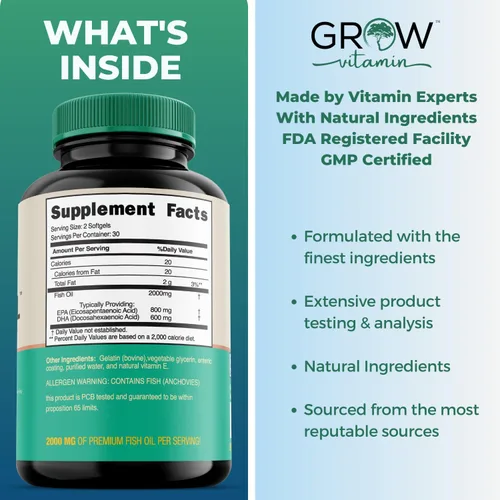 Miniatura 4 de grow vitamin Aceite de pescado OmegaVita: 800 mg EPA 600 mg DHA Omega 3 Suplemento para el corazón, cerebro e inmunológico, suplemento de aceite