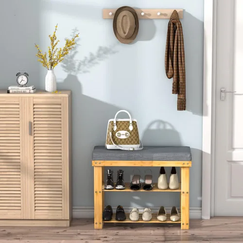 Miniatura 2 de Banco de zapatos de bambú con cojín gris, organizador de zapatos de 3 niveles para entrada, pasillo, dormitorio o sala de estar, asiento tapizado